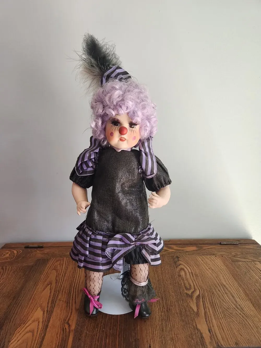 VTG Schmid Ugly LADY DOLL Halloween Decor Purple Hair Mesh Stockings 16